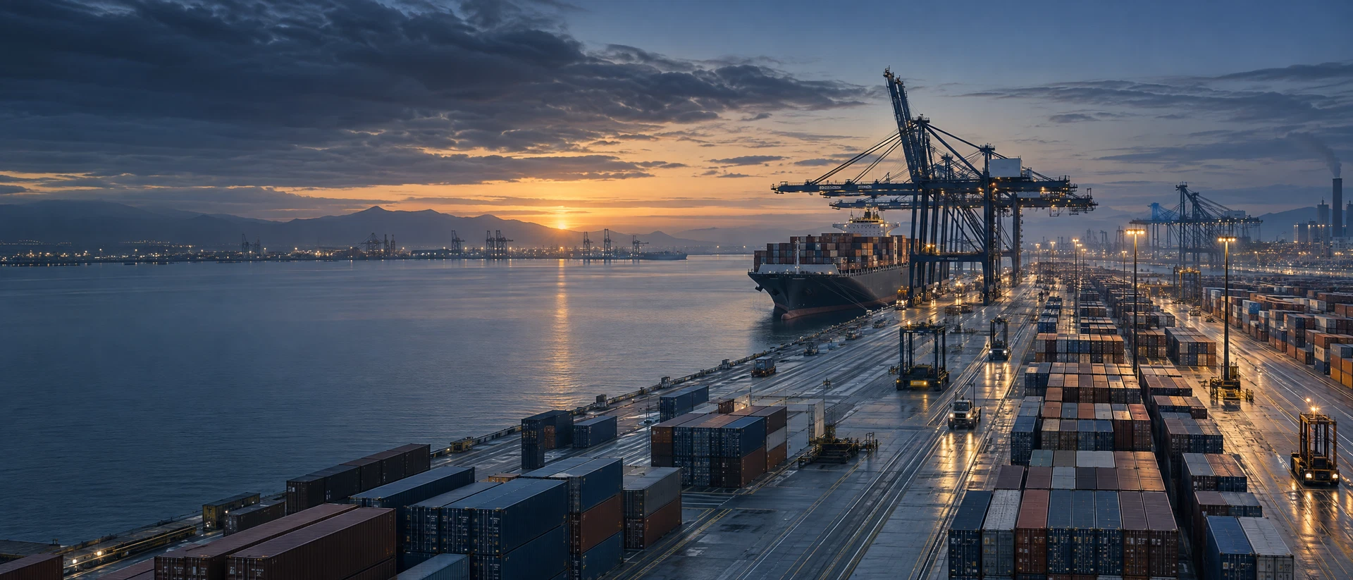 Container port and international infrastructure at blue hour